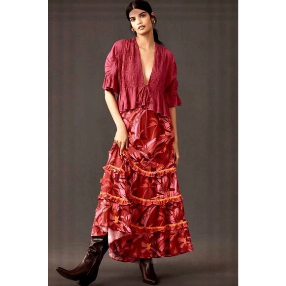 Anthropologie Farm Rio sz S Shirred Tiered Ruffle Maxi Skirt Rayon Pink Orange - Picture 1 of 9